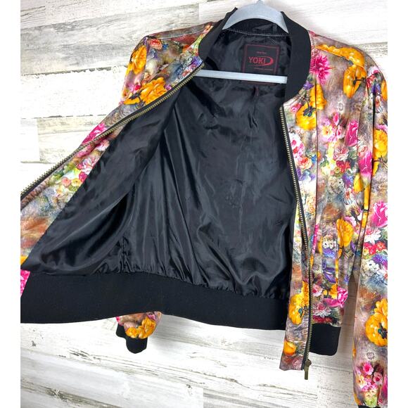 Yoki Women’s Large Yellow Floral Satin Bomber Jacket Zip Up Lightweight Colorful - Picture 4 of 7